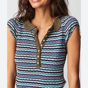 Free People One Way Baby Polo Tee cool combo blue motif NWT S